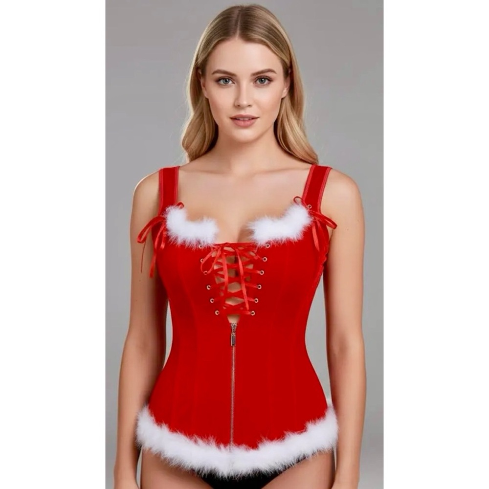 Sexy Red Velvet Zip Up Christmas Corset Ostrich Trim Size XL